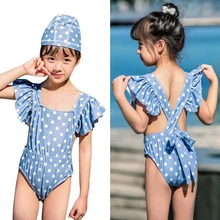 Детский цельный купальный костюм милый пляжный купальник в горошек для маленьких девочек, весенний бикини с оборками, купальная одежда с шапочкой