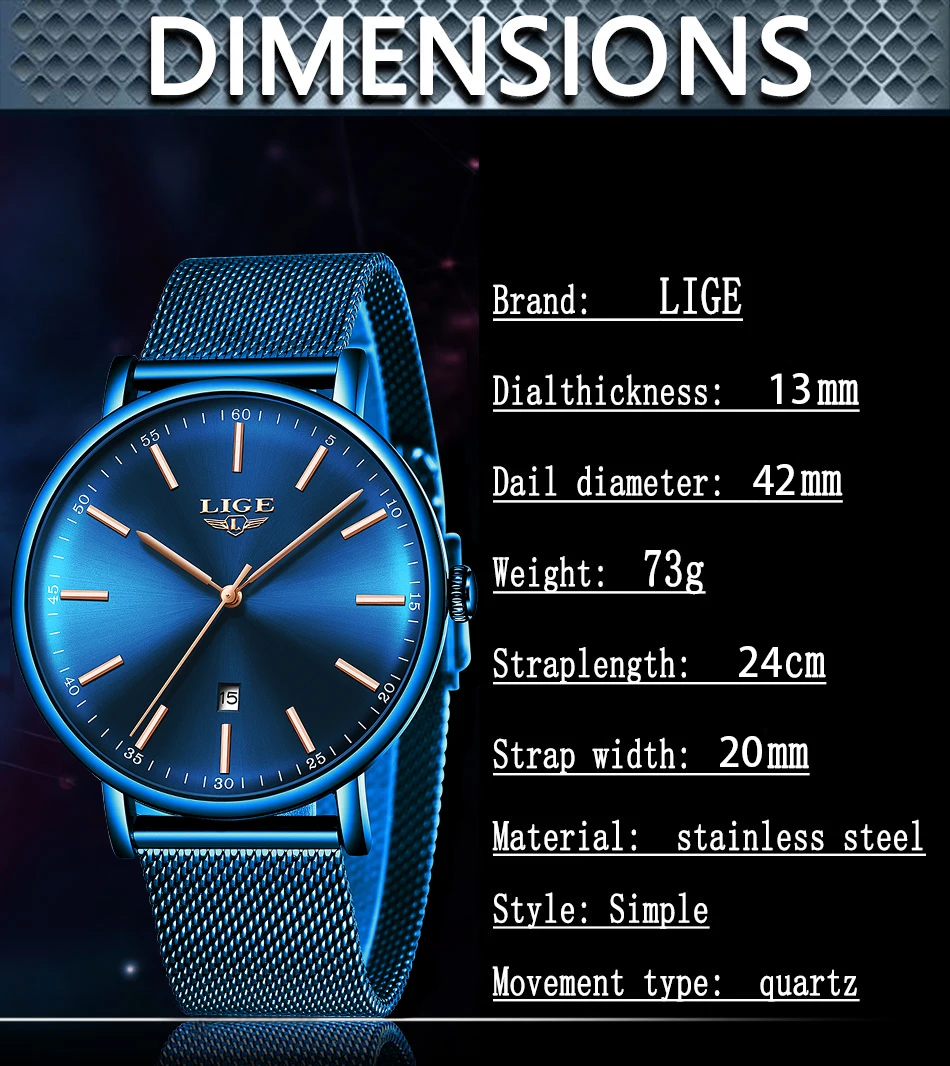 LIGE мужские часы от ведущего бренда класса люкс водонепроницаемые ультра тонкие часы с синим сетчатым ремешком модные повседневные кварцевые часы мужские спортивные наручные часы