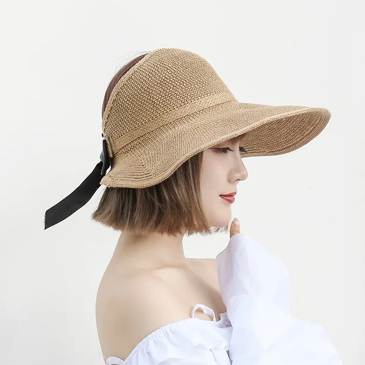 

New Women's Summer Foldable Straw Hats Large Brim Bowknot Ribbon Topless Visor Cap Girls Fashion Casquette Gorros