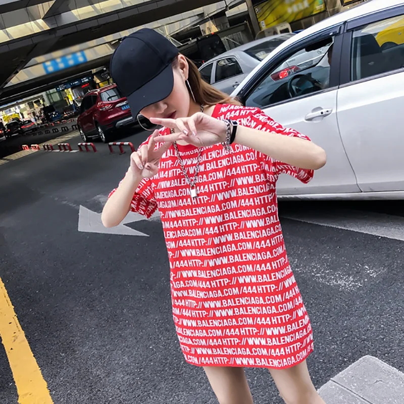 Women Letters Printing Long Loose T shirt Short Sleeves O Neck