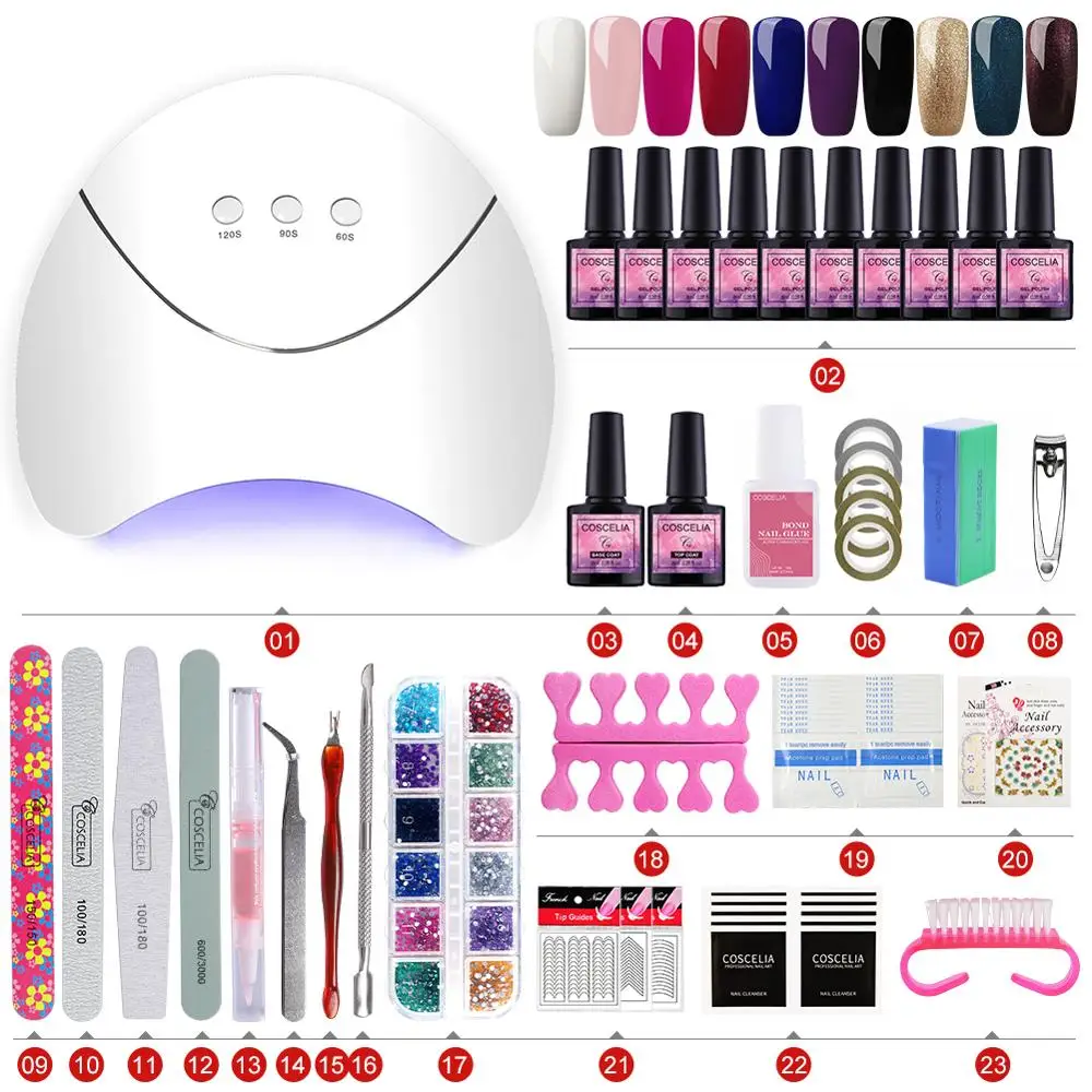 

COSCELIA 10PCS Gel Nail Polish Set 36/24W Lamp Manicure Set Tools For Manicure Set For Gel Varnish Pusher Acrylic Nail Kit