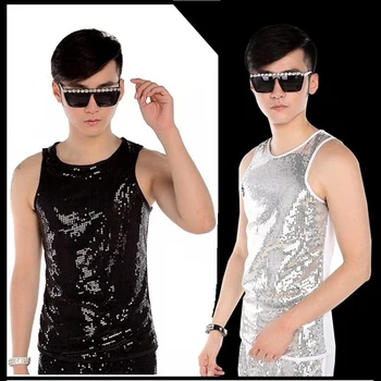 

new fashion Stage costumes Sequins Vests men's clothing ds paillette Performance vest costume tide Stage Black silver Vests