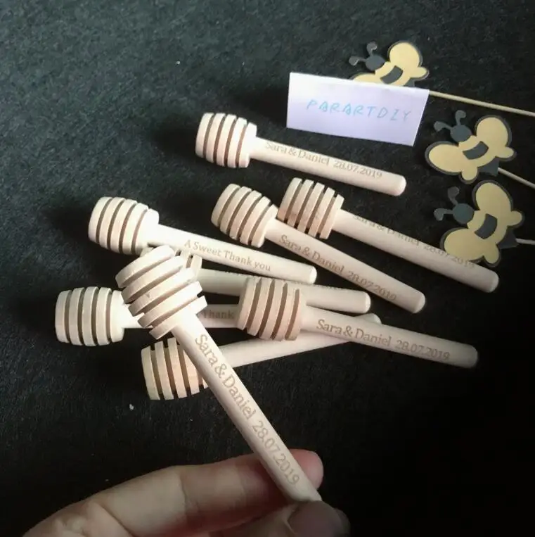

85pcs/lot 8cm or 10cm Customize Engraved Wooden MINI Honey Dipper Wedding Favor Gifts Personalized Birthday Wood Honey Stirrer