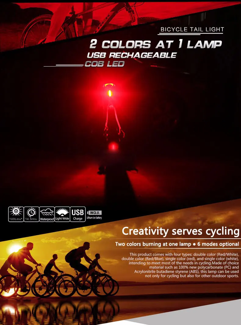 120 Lumens Bike Light LED Waterproof Bicycle Light USB Rechargeable MTB Road Bike Tail Light Night Warning Cycling Flashlight