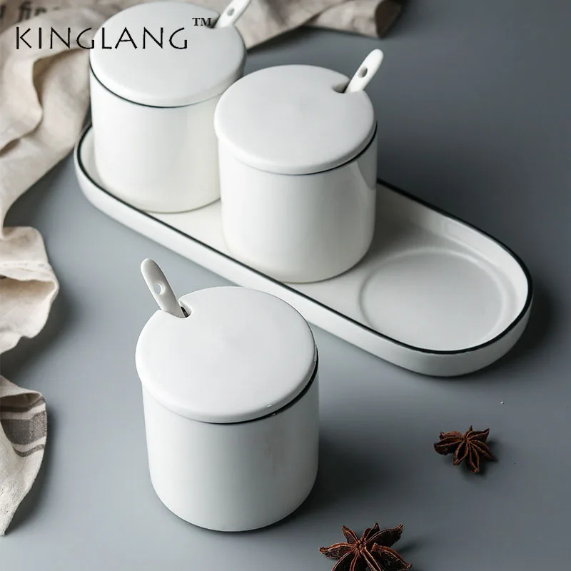 

Nordic Simple ceramic seasoning jar set salt jar household three pcs seasoning box sets