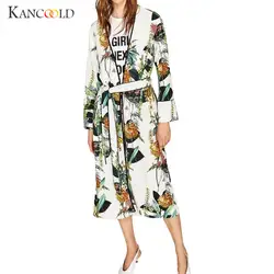 Женщины Элегантный цветочный принт кимоно Пальто открыть стежка пояса Кардиган Верхняя одежда с длинным рукавом Женская Повседневная