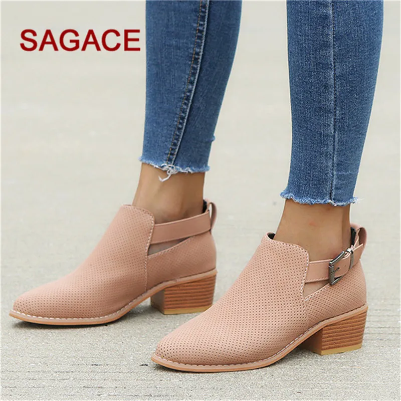 

Women Single Shoes Pointed Toe Shoes Hollow Booties Buckle Strap Square Heel Single Shoes