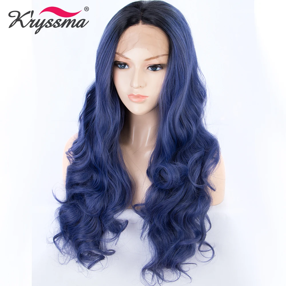 Темно-синие синтетические парики на кружеве для черных женщин Glueless длинные волнистые Омбре черные корни средняя часть косплей парики K'ryssma