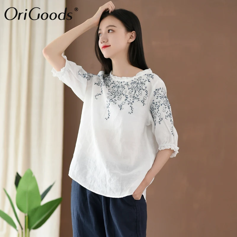 

OriGoods Embroidery Summer Blouse Women Ramie Natural Fabric White Blouse Shirt Kawaii Cute Casual Blosue for Women Blusas C234