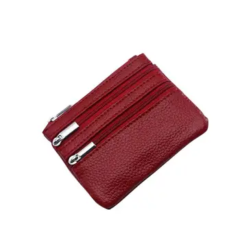 

Women Solid Color Genuine Leather Card Coin Purse Mini Wallet Bag with Key Ring