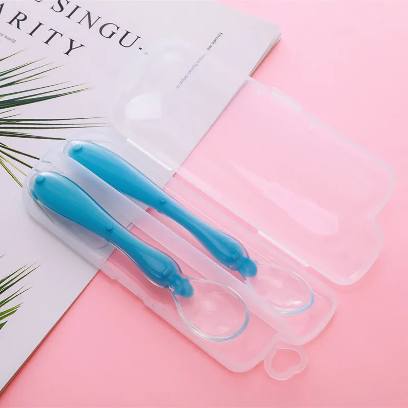 2pcs+box Baby Silicone Spoon Baby Safety Temperature Heat Sensing Thermal Feeding Spoon Kids Children Feeding Dishes Set