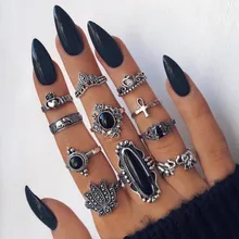 11pcs/set Silver ring Bohemian Vintage Crown Flower Heart Lotus Black Stone Animal Cross Joint Jewelry Rings Set for women vintage heart flower feather cuff ring set