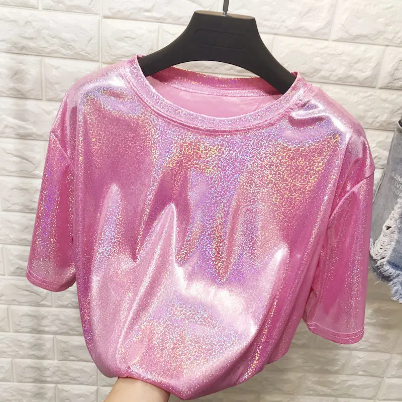 

bling bling colorful bright t shirt woman casual summer pink silver gold purple blue short sleeve plus size loose t shirt 2019