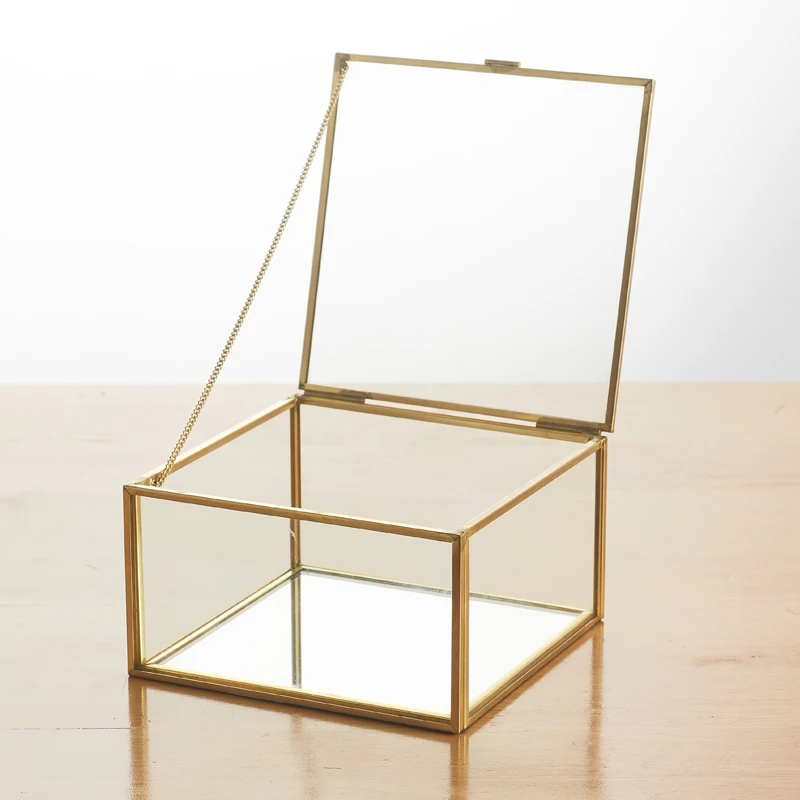 

Retro Glass Jewelry Box Square Opening Geometry Garden Succulent Terrarium Flower Pot Makeup Earring Decoration Box Crafts