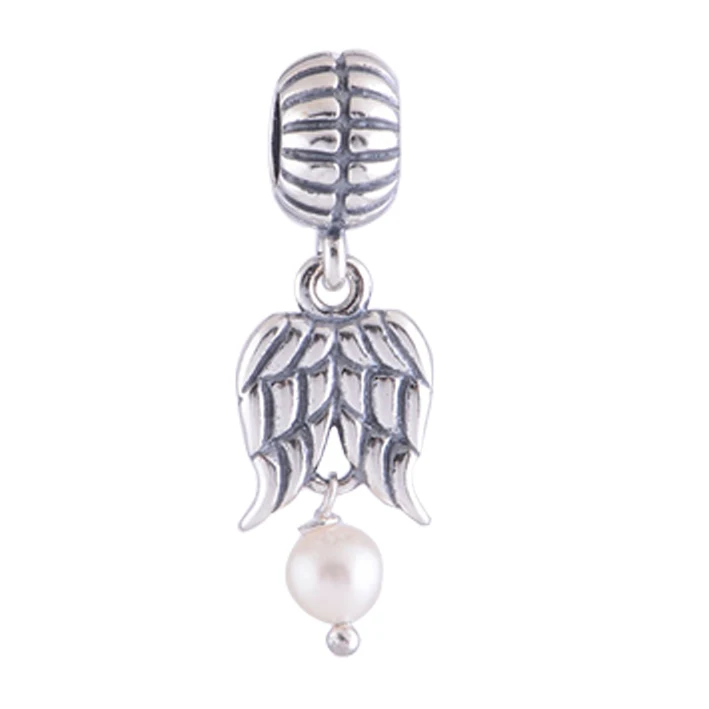 

Fit Pandora Charms Bracelet 925 Sterling Silver Angel Wing Charm with Pearl Pendant DIY for Fashion Women Jewelry