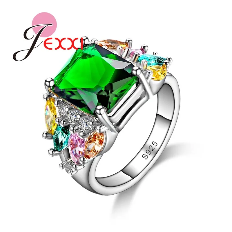 JEXXI Unique Green Cubic Zircon font b Crystal b font 925 Sterling silver Women Rings Wedding