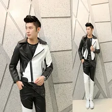 Новинка года Для мужчин мужская одежда тонкий мода DJ костюм стилист Цвет блок локомотив кожаная куртка пальто певица костюмы