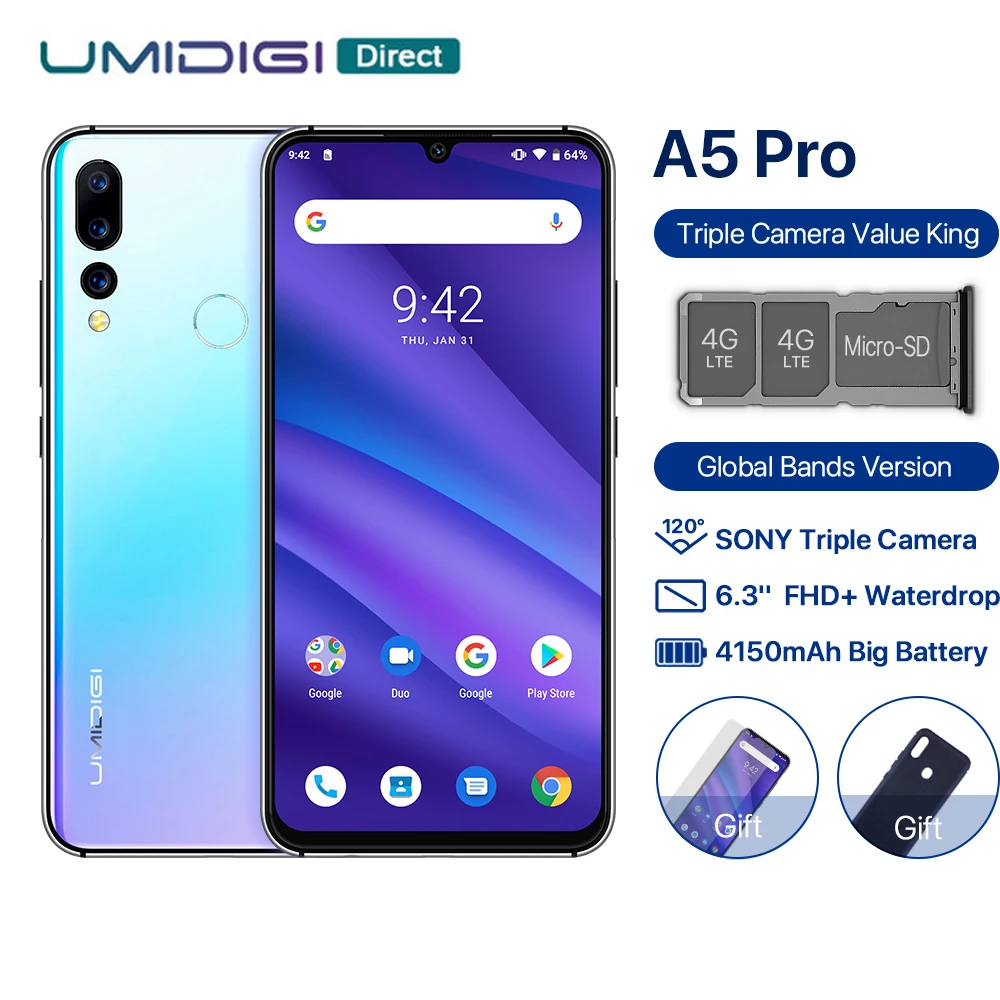 

UMIDIGI A5 PRO Global Version Android 9.0 Octa Core 4GB 32GB 6.3' FHD+ 16MP Triple Camera 4150mAh Fast charge Celular Smartphone