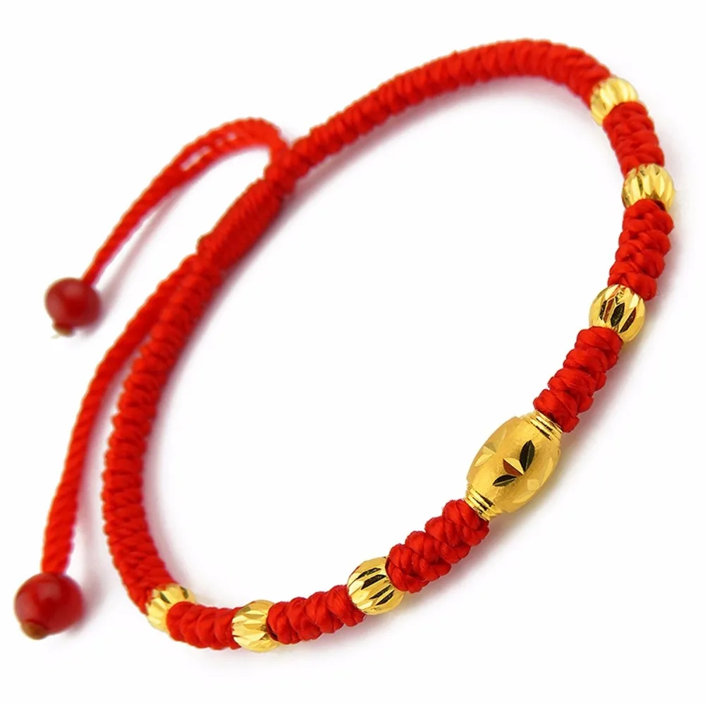 

Pure 999 24k Yellow Gold Craved Bless Lucky Beads Red Knitted Chain Bracelet