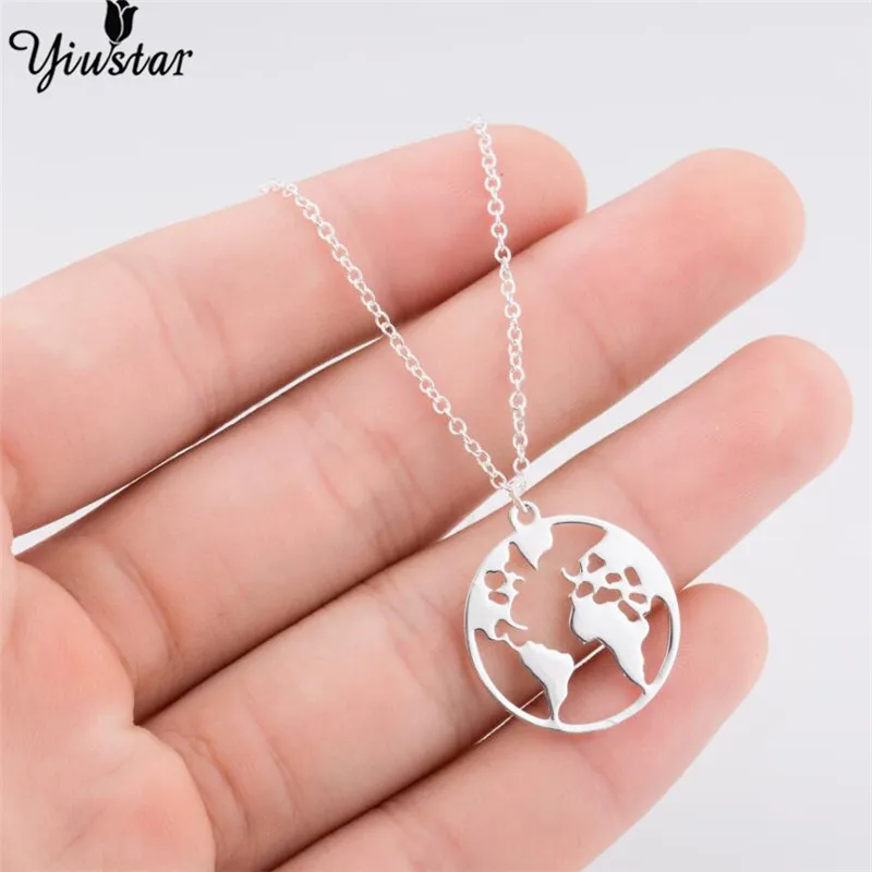 yiustar Gold World Map Stainless Steel Bracelets For Women Wave Bracelets Pendant Beach Jewelry Earth Map Christmas Gifts - Окраска металла: necklace silver