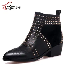 2015 New women martin Boots Pointed Toe Zipper genuine leather western boots rivets punk Solid Elegant Woman Casual Ankle Boot