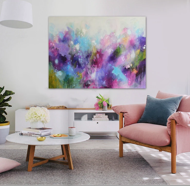 Modern abstract painted pink and font b purple b font flowers watercolor painting original home font