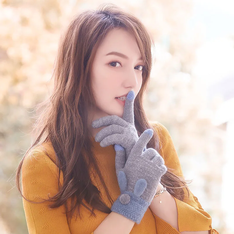 1 пара теплых шерстяных вязанных ветрозащитных перчаток для осени и зимы, милые женские перчатки с кроликом для девушек, перчатки с сенсорным экраном, Женские варежки BH