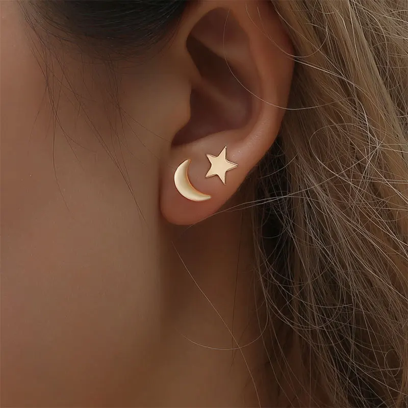 

TTMM New Simple Star Moon Asymmetry Stud earrings for women E56