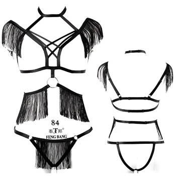 

90s Tassel Full Body Harness Bondage Body Caged Bra Elastic Adjust Lingerie Garter Belt Top Set Gothic Dance Halloween Rave Wear