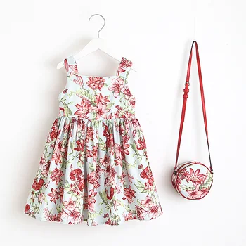 

Sweet Kids Girls Rose Flowers Print Dress With Floral Bag Dresses Children Kids Candy Color Summer Cotton Linen Clothes #63