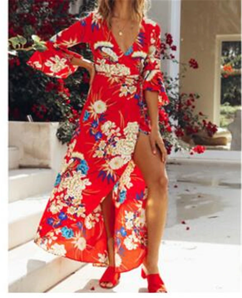 

Women Fashion Boho Print Floral Long Dress Deep V Neck Beach Dress Elegant Flare sleeve Dress