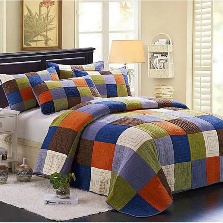 100 Cotton Europe Style patchwork Grid plaid Queen Size Bedspread 3pcs Bedding Sets Air