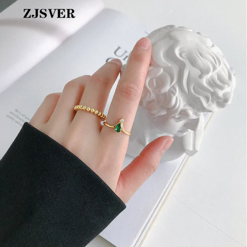 

ZJSVER Korean Jewelry 925 Sterling Silver Ring Golden Simple Irregular Green Zircon Adjustable Women Ring For Festival Present