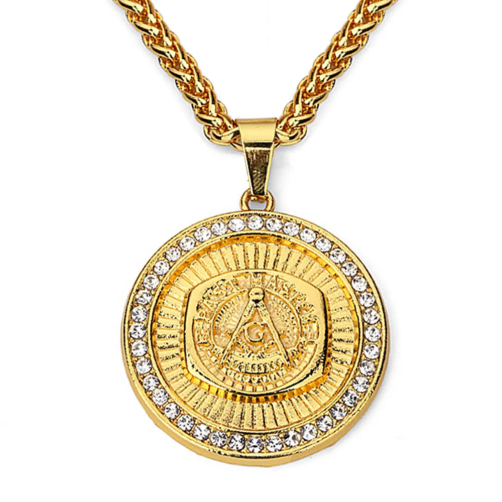Masonic Pendant Necklace Men Hip Hop Jewelry 2017 Gold Plated Chain Freemason Necklace Fashion Mens Jewellery