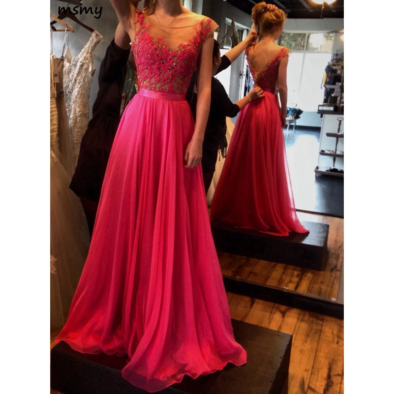 Hot-Selling-Hot-Pink-A-Line-Floor-Length-Sash-Backless-Scoop-Chiffon-Prom-Dress-with-Lace