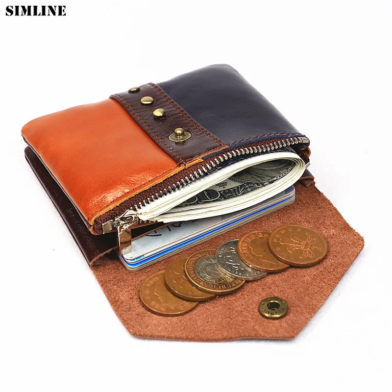 

Genuine Leather Wallet Women Men Vintage Handmade Female Male Hasp Short Small Wallets Coin Purse Card Holder With Zipper Pocket