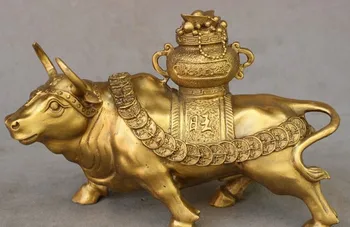 

YM 318 9" Chinese FengShui Brass Animals Wealth Prosperous Treasure Bowl OX Bull Statue