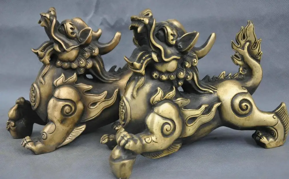 

10" China Pure Bronze Yuanbao Fengshui Dragon Kylin Foo Dog Lions Statue Pair
