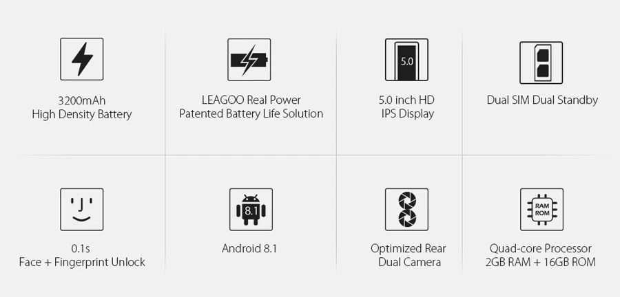 LEAGOO POWER 2, мобильный телефон, 5,0 дюймов, HD ips, 2 Гб ОЗУ, 16 Гб ПЗУ, Android 8,1, MT6580A, четыре ядра, двойная камера, задний, отпечаток пальца, 3g, смартфон