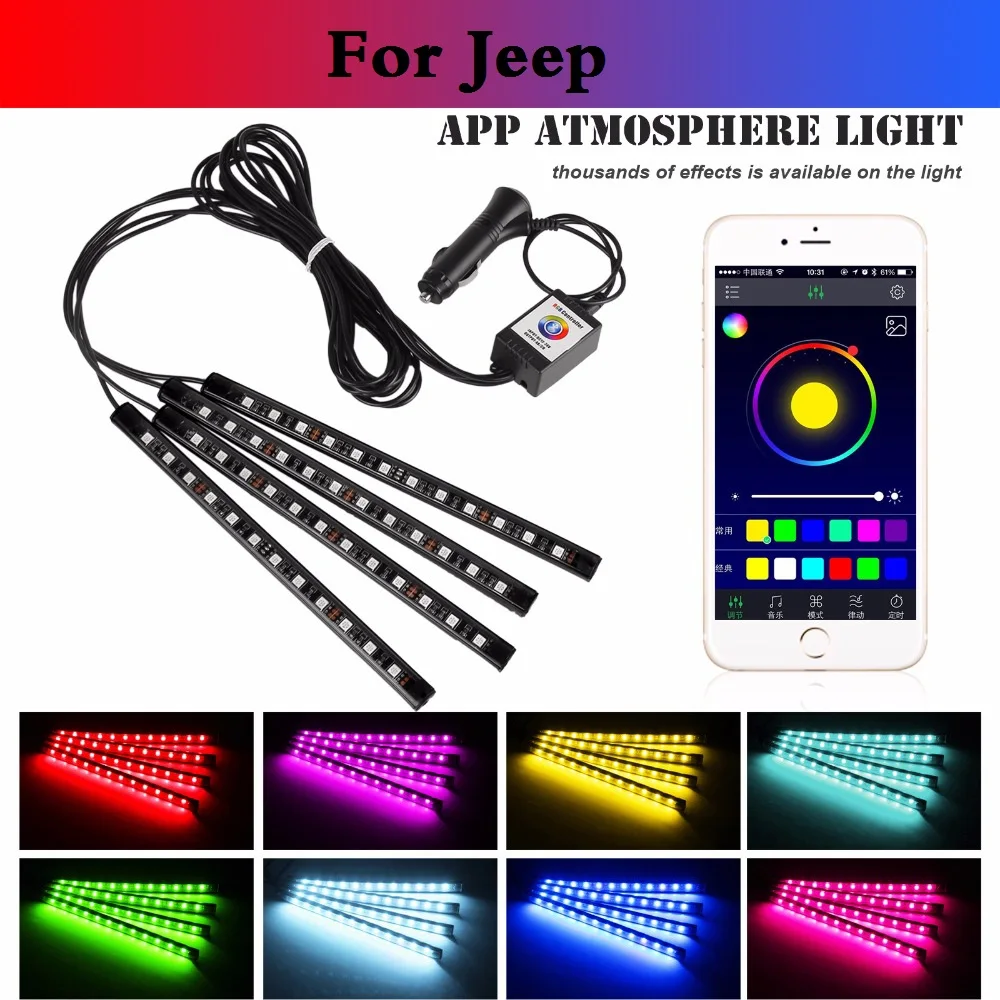 

car styling Car RGB Strip Light Flexible Atmosphere Lamp Decorative Control For Jeep Liberty Renegade Wrangler Commander