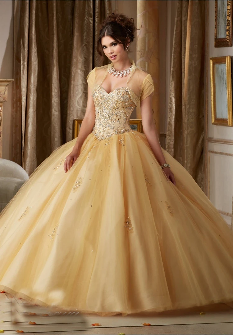 Gold wedding dresses 2017 New Sweetheart Floor length Ribbon Applique Beaded Wedding gown With jacket Pageant wedding Dresses