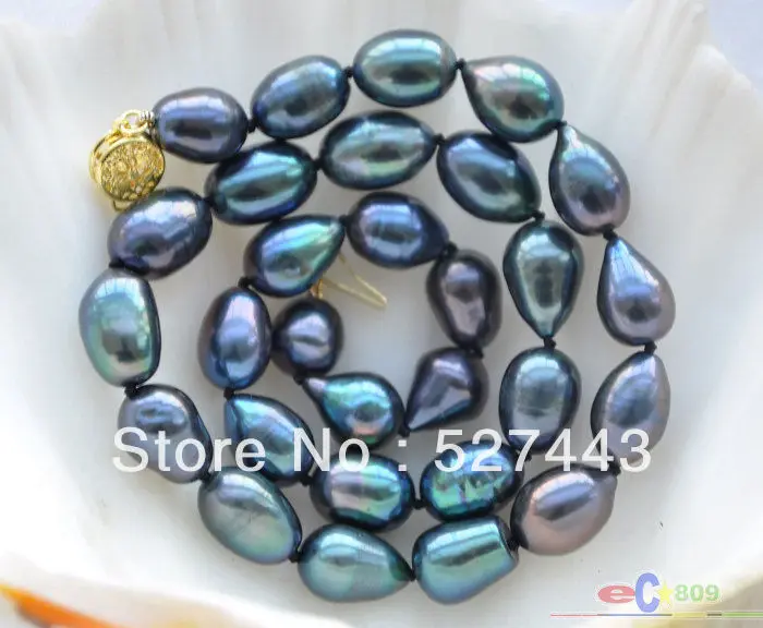 

Wholesale free shipping >>P4242 17" 9-10mm peacock black rice freshwater cultured pearl necklace