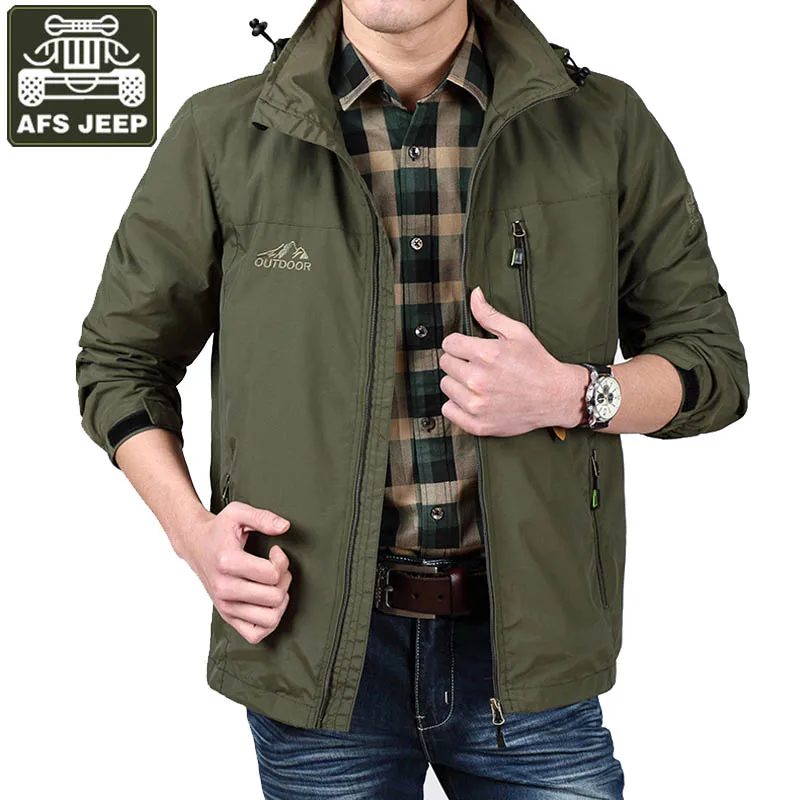 

AFS JEEP Jacket Men Military Jacket Casual Loose Hooded Collar Breathable Mesh Liner Outwear Many Pockets Quick Drying Jacket