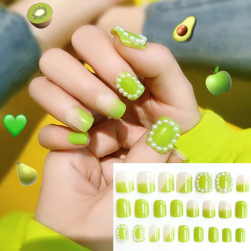 

24 Pcs Professional Summer Fluorescent Green Acrylic Fake Nails Tips Pearl Decorated For Sexy Durable Nail Art Fashion