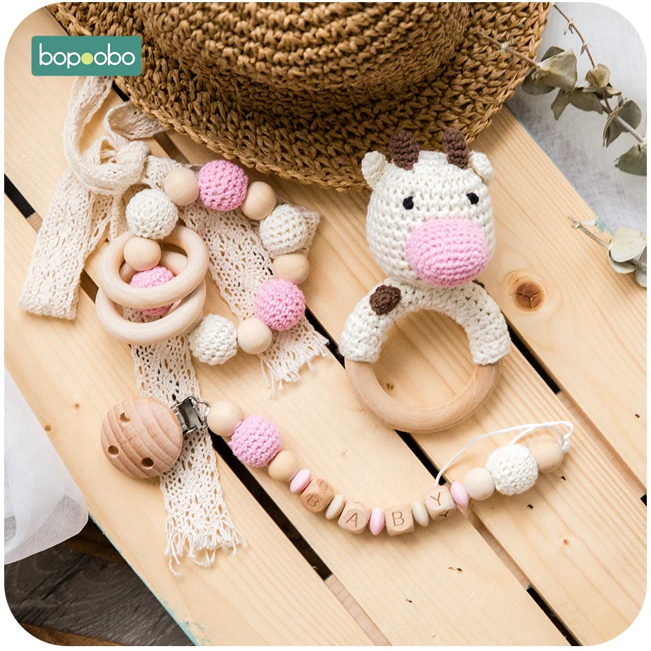 Bopoobo Baby Teether Food Grade Silicone Wooden Baby Pacifier Chain Pram Crib DIY Customized Rattle Soother Bracelet Teether Set
