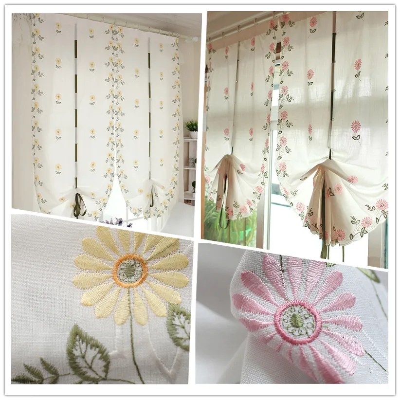 Exquisite embroidery craft Roman blinds. Pink, yellow daisy flower