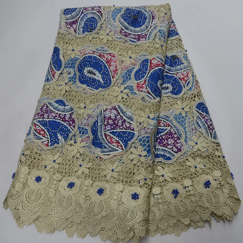 

Free shipping(5yards/pc) fashion wax fabric fixed African big cord lace fabric with lots of beads stones for party dress WLP869