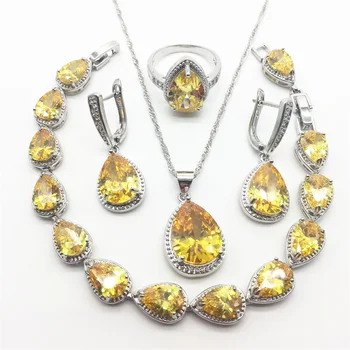 

Trendy Yellow Zircon Women 925 Silver Bridal Jewelry Sets Women Earrings With Stones Pendant&Necklace Rings Bracelet Jewelery