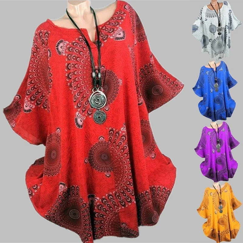 

Summer Bat Sleeve Retro Mandala Printed Round Collar Loose Eight Sizes Women T-shirt