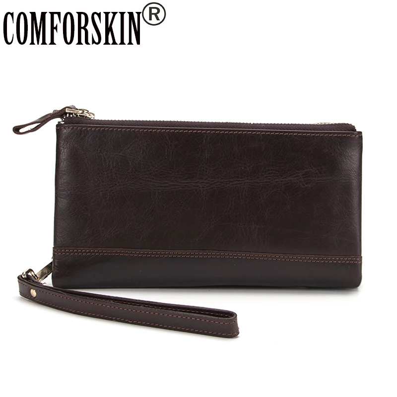 COMFORSKIN, Воловья кожа, Воловья кожа, двойная молния, Длинные мужские клатчи, кошельки, большая емкость, мужские кошельки для карт с ремешком на руку